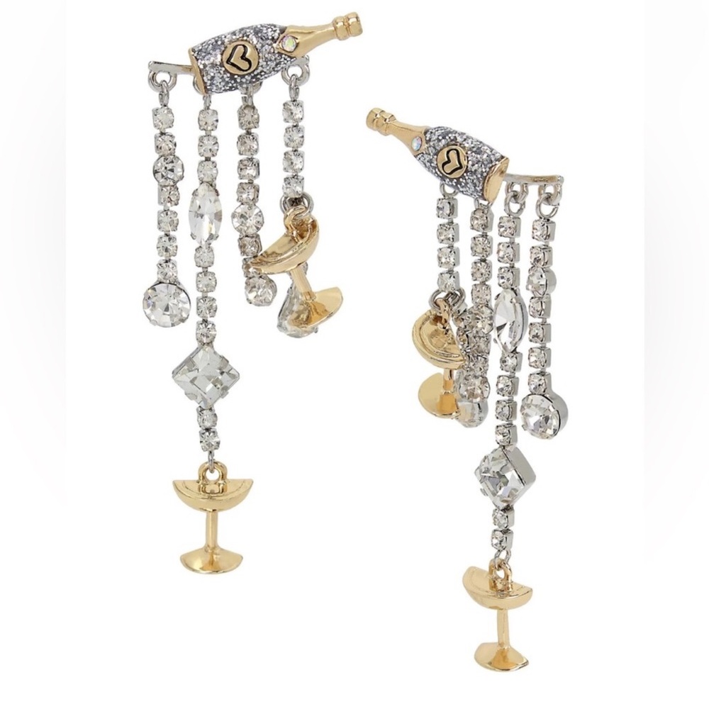Betsey Johnson Champagne Crystal Fringe Front Back Drop Earrings - New